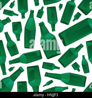 Seamless pattern with green glass bottles. Creative background with beer bottles for bar, pub, menu or restaraunt. Vector illustration image. Stock Vector