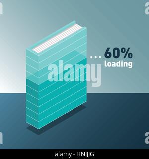 Loading infographic. Progress bar in book. New 3d colorful book or tutorial. Isometric flat classbooks and textbooks icon. Education symbol logo. Illu Stock Vector