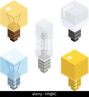 Modern flat isometric different bulb lamps set. Vector illustration art. Geometry lamp icons collection. Stock Vector