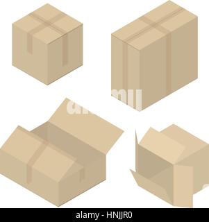 Set of different cardboard boxes. Closed and opened square containers. Isometric flat style. Vector illustration art. Stock Vector