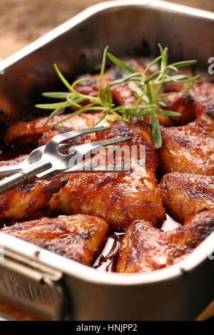 Baked chicken wings with spices in a white bowl on the table, top view ...