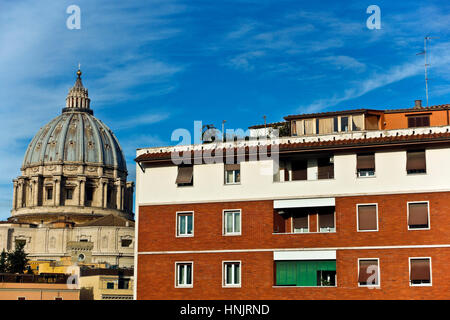 Unusual view of Saint Peter cathedral’s dome seen from the back. Cupola Basilica San Pietro. Rome, Italy, Europe, European Union, EU. Copy space. Stock Photo