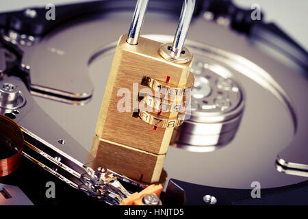 lock on hdd or harddrive, part of computer, cyber security concept, data privacy Stock Photo