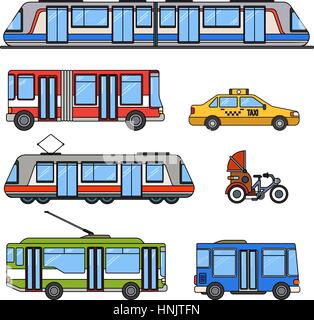 Thin line flat design of city transport. Different kinds of city transport, taxi, motorbike, tram, metro, trolley bus and buses isolated on white back Stock Vector