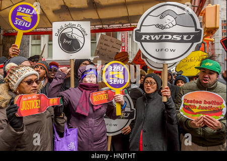 New York, New York, USA. 13th Feb, 2017. Days ahead of Andy Puzder's confirmation hearing for labor secretary. Several of workers in the fight for $15 took their opposition to downtown New York's McDonald during the lunchtime rush to demand the fast-food mogul withdraw his nomination or be rejected by the U.S. Senate. The protest in New York is one of more than two-dozen rallies across the country on Monday to declare that Puzder is unfit to serve. Credit: PACIFIC PRESS/Alamy Live News Stock Photo