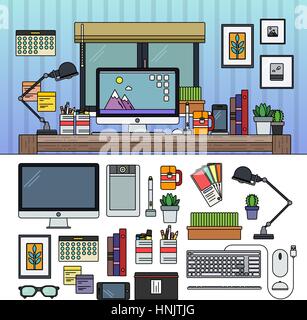 Thin line flat design of designer office. Designer working place. Different equipment for design. Many technics, books, pen, pencil, rulers, lamp, clo Stock Vector