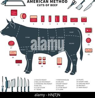 Thin line flat design of pieces of beef with set of sharp tools. Cow and and knifes, chuck roast , rib eye, T-bone, stew meat, plate, arm roast isolat Stock Vector