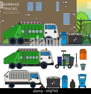 Thin line flat design of garbage truck. Garbage car on the street. Ecology and recycle concept. Garbage car, trash cans, brooms and gloves isolated on Stock Vector