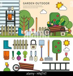 Thin line flat design of the garden outdoor in the village. Garden with household equipments in sunny days, spade, rake, vegetables and other tools is Stock Vector
