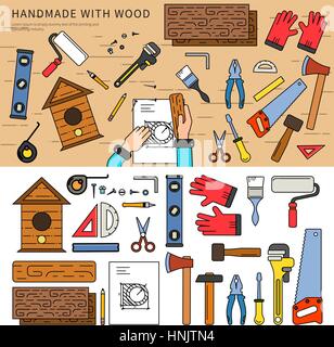 Thin line flat design of the wood handmade tools. Equipment for handmaking wooden articles in the studio, wooden boards, hammer, saw, axe, gloves isol Stock Vector
