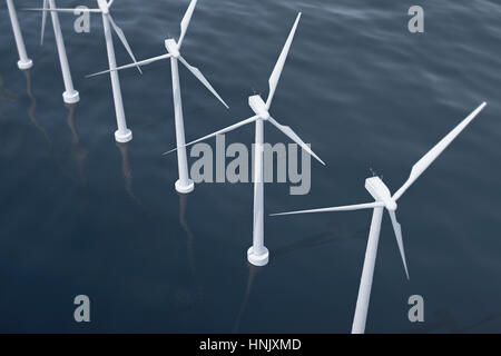 Offshore aerial view of wind turbines in the sea. Clean energy, ecological concept.,3d rendering