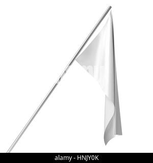 White Flag On Flagpole At Rest Empty Mockup, Flag Isolated On White 