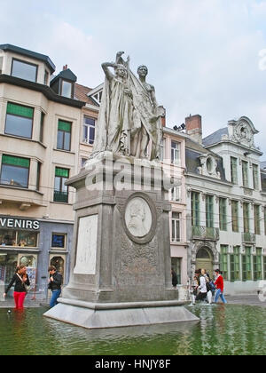 GHENT, BELGIUM - MAY 26, 2011: The monument to Jan Frans Willems surrounded by fountain and located at Sint-Baafsplein Square, on May 26 in Ghent. Stock Photo