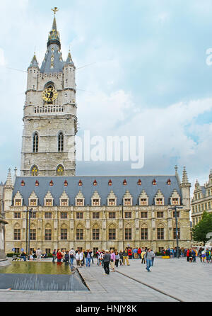 GHENT, BELGIUM - MAY 26, 2011: The historic building of the Belfort van Gent (Belfry), located at the Sint-Baafsplein Square, on May 26 in Ghent. Stock Photo