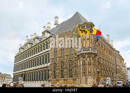 GHENT, BELGIUM - MAY 26, 2011: The Town Hall (Stadhuis) boasts many facades from different sides - the Gothic style facade faces the Hoogpoort and the Stock Photo