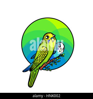 Bright budgie of green and blue colors. Animal art, cute cartoon style, hand drawn illustration. Suitable for pet shop or zoo ads, label design or bir Stock Photo
