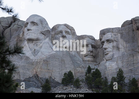 Sculptures of George Washington, Thomas Jefferson, Theodore Roosevelt and Abraham Lincoln (left to right). Mount Rushmore National Memorial. Stock Photo