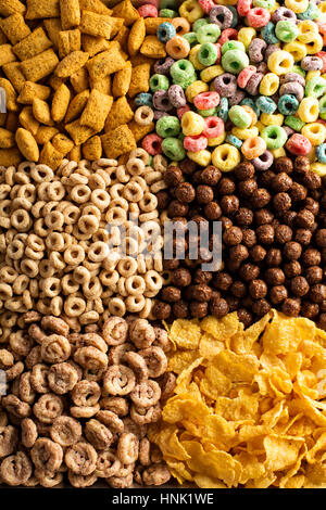 Variety of cold cereals, quick breakfast for kids overhead shot Stock Photo