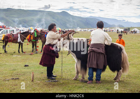 Local Khampas ethnics participate at the Manigango Horse Festival in the Tibetan Plateau region in Sichuan, China Stock Photo