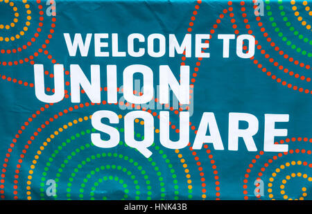 A welcome sign in Union Square in New York City Stock Photo