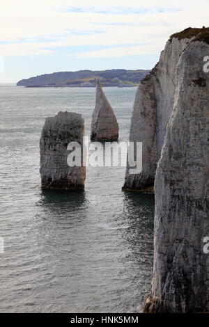 Parson's Barn and Pinnacles chalk stacks adjacent to Handfast Point of the Purbeck Peninsula, Dorset UK Stock Photo