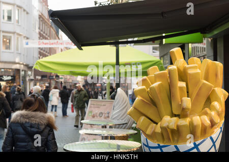 DUESSELDORF, GERMANY - FEBRUARY 13, 2017: Snack bars are open and advertise for guests on Bolkerstraße Stock Photo