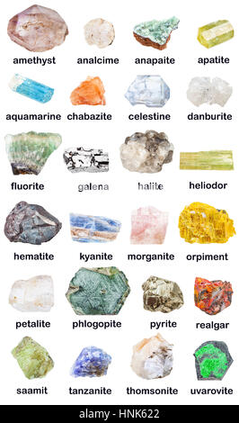 geological collection of various mineral stones with names - pyrite, galena, uvarovite, chabazite, anapaite, kyanite, disthene, thomsonite, celestine, Stock Photo