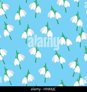 Vector seamless pattern with white snowdrop flowers and green leaves on a blue background. Stock Vector