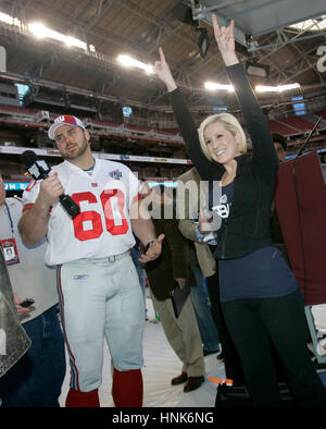 American Idol finalist Kellie Pickler celebrates with Giants center Shaun O'Hara (60) during Media Day for Super Bowl XLII  at the University of Phoenix Stadium in Glendale, AZ, on Jan. 29, 2008.  Photo by Francis Specker Stock Photo