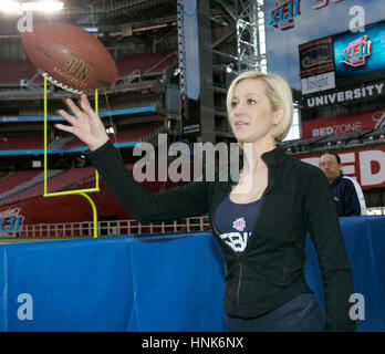 American Idol finalist Kellie Pickler throws a football at Media Day for Super Bowl XLII  at the University of Phoenix Stadium in Glendale, AZ, on Jan. 29, 2008.  Photo by Francis Specker Stock Photo