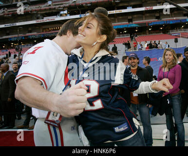 Victoria's Secret model Selita Ebanks chats with the media while wearing a  New England Patriots jersey before the game against the Philadelphia Eagles  at Gillette Stadium in Foxboro, Massachusetts on November 25, 2007. (UPI  Photo/Matthew Healey