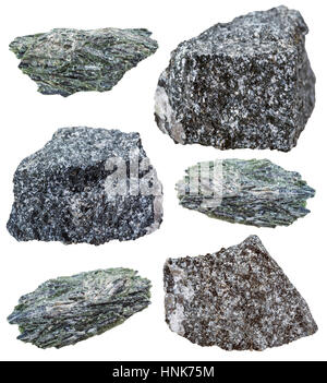 collection of various actinolite in Amphibolite mineral stones isolated on white background Stock Photo