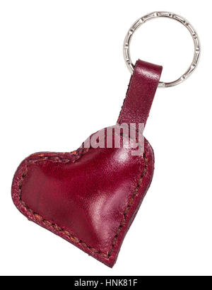 red leather heart shape trinket isolated on white background Stock Photo