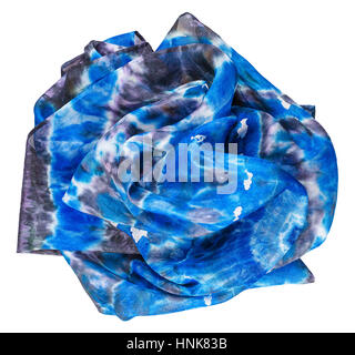 crumpled silk scarf with abstract blue pattern hand painted in nodular technique isolated on white background Stock Photo