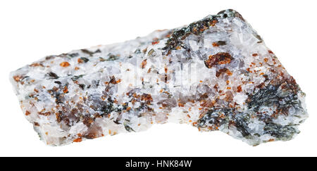 macro shooting of geological collection mineral - specimen of Calcite piece with brown Chondrodite and green Diopside crystals isolated on white backg Stock Photo