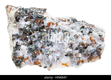 macro shooting of geological collection mineral - specimen of Calcite with brown Chondrodite and green Diopside crystals isolated on white background Stock Photo