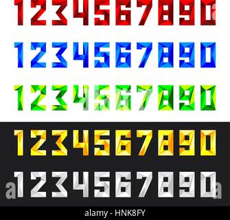 Figures 1, 2, 3, 4, 5, 6, 7, 8, 9, 0 in vector format. Set of numbers from 0 to 9 in polygonal style. Numeric set in five colours - red, blue, green,  Stock Vector