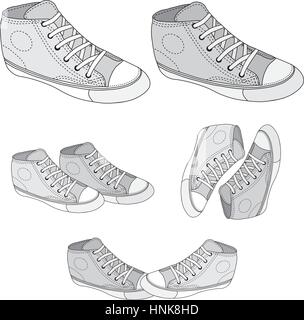 Classic sneaker sketched. Vector, fully editable. Set of sport shoes or sneakers icons in different views. Footwear and lace, clothing and street styl Stock Vector