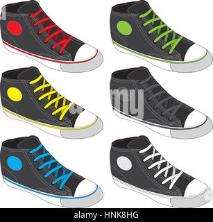 Classic sneaker sketched. Vector, fully editable. Set of sport shoes or sneakers icons in different views. Footwear and lace, clothing and street styl Stock Vector