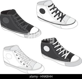 Classic sneaker sketched. Vector, fully editable. Set of sport shoes or sneakers icons in different views. Footwear and lace, clothing and street styl Stock Vector