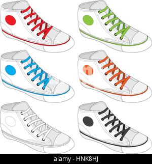 Classic sneaker sketched. Vector, fully editable. Set of sport shoes or sneakers icons in different views. Footwear and lace, clothing and street styl Stock Vector