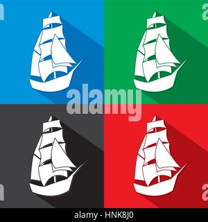 Vintage Ship Logo Sailing Boat design vector template. Ancient Pirate Sailboat Logotype silhouette concept icon. On the color background Stock Vector