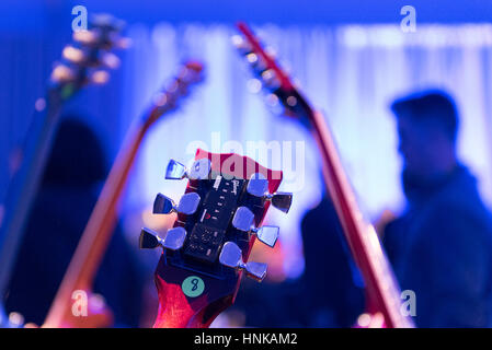 A Gibson G FORCE guitar tuner is shown on a Gibson SG guitar at the Gibson booth at the 2016 International Consumer Electronics Show (CES) in Las Vega Stock Photo