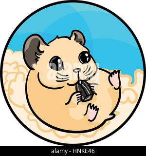 Syrian hamster eating sunflower seed. Animal art, cute cartoon style, vector hand drawn illustration. Suitable for pet shop or zoo ads, label design o Stock Vector