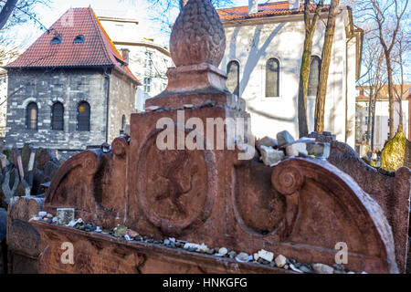 Tombstone of Rabbi Loew, Judah Loew ben Bezalel known as the Maharal of Prague, the Old Jewish Cemetery Lion Jewish Quarter, Jewish Quarter, Prague, C Stock Photo