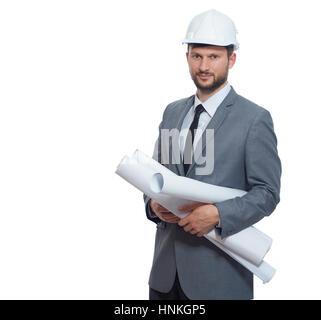 Confident architect holding many drawing plans of buildings. Stock Photo
