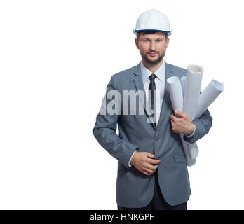 Architect in gray suite holding many plans of buildings. Stock Photo