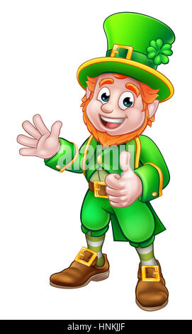 A cartoon Leprechaun St Patricks Day character peeking over a pot of gold  and waving Stock Photo - Alamy