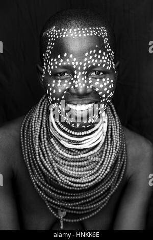 A Portrait Of A Young Woman From The Karo Tribe, Kolcho Village, Omo Valley, Ethiopia Stock Photo