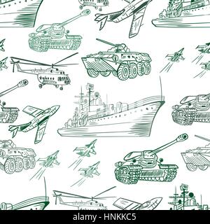 Seamless army texture with vehicle sketch icons on white background Stock Vector